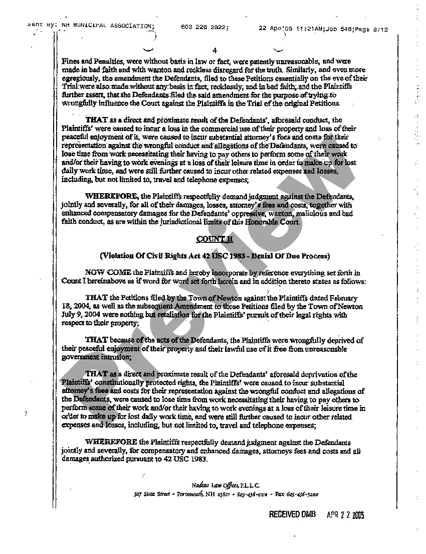 Preview A01 Complaint Against Municipality for Malicious Prosecution and Abuse of Civil Process regarding Zoning Ordinance Compliance