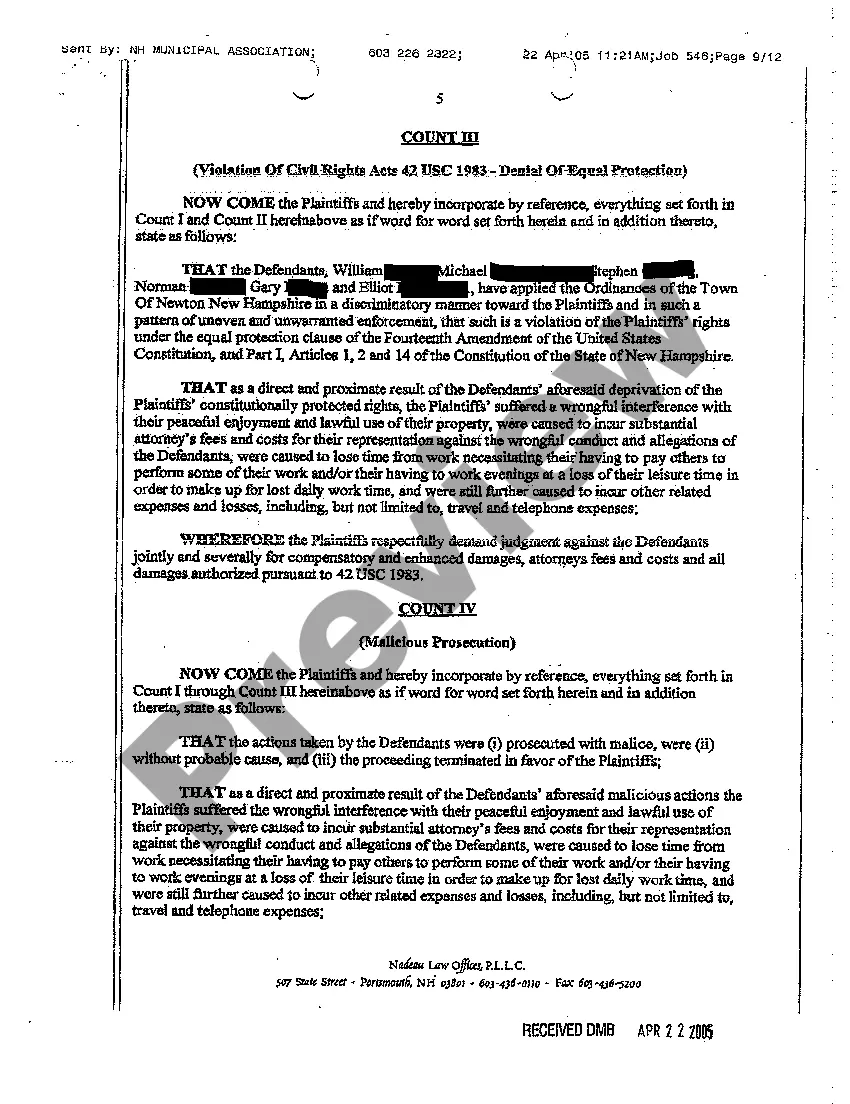 Preview A01 Complaint Against Municipality for Malicious Prosecution and Abuse of Civil Process regarding Zoning Ordinance Compliance