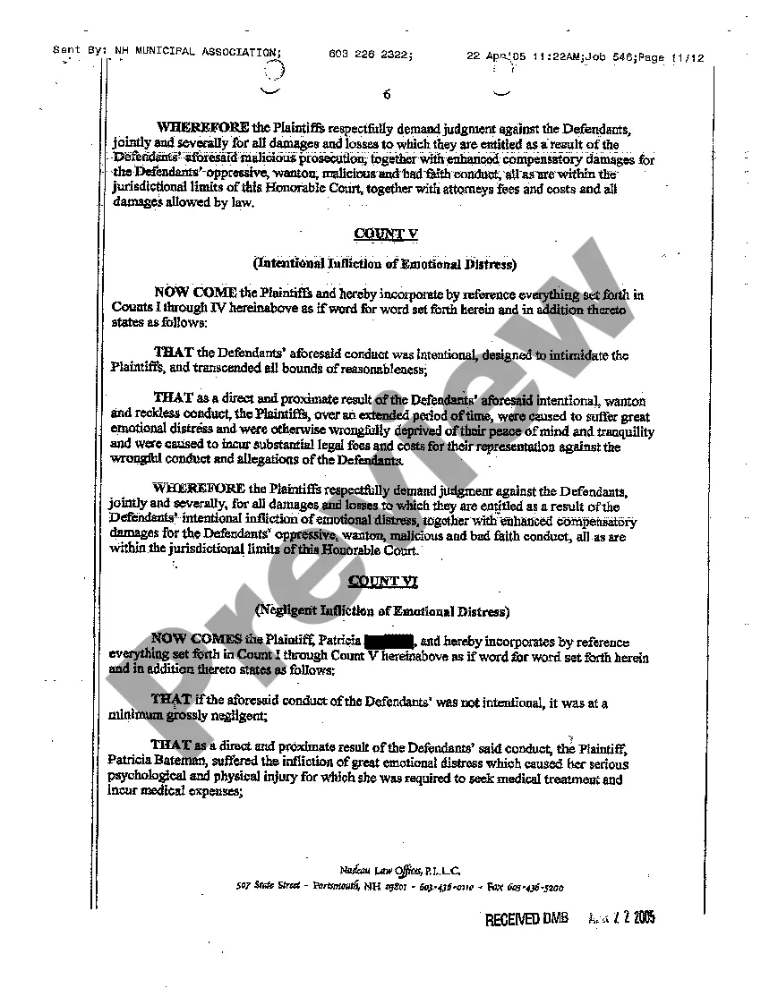 Preview A01 Complaint Against Municipality for Malicious Prosecution and Abuse of Civil Process regarding Zoning Ordinance Compliance