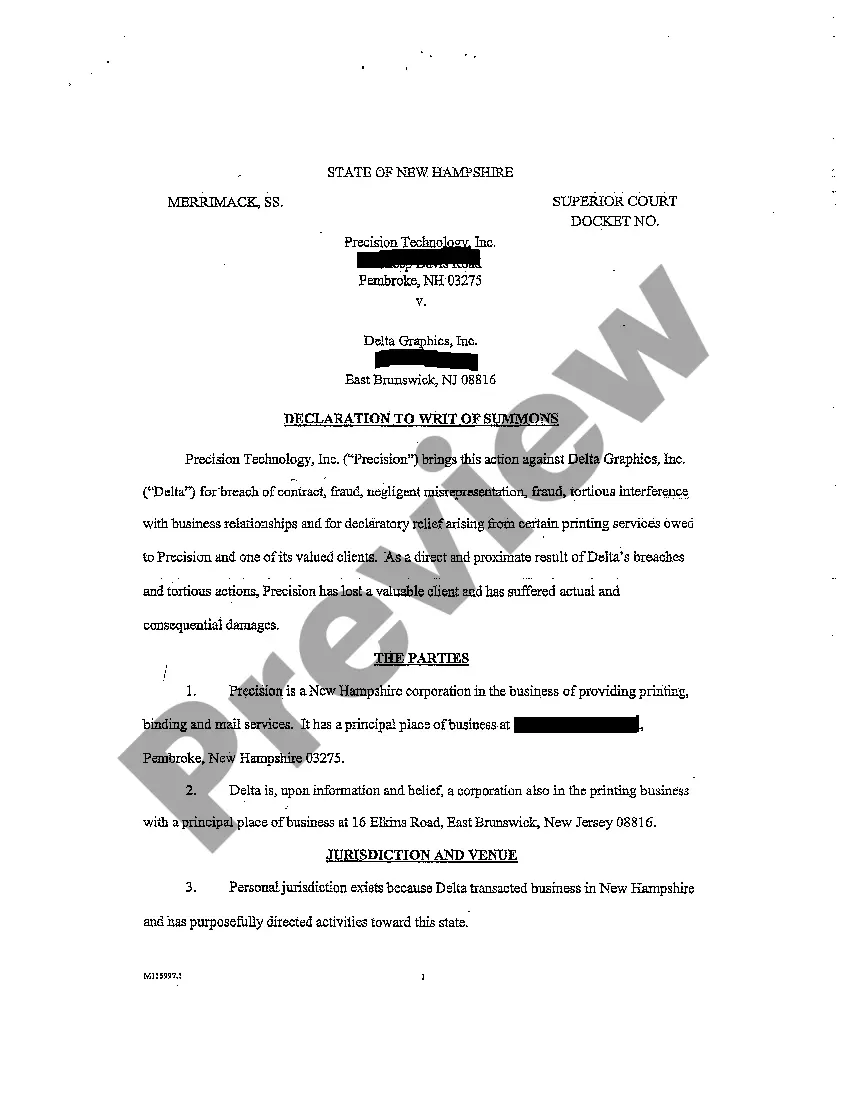 Get A01 Declaration to Writ of Summons for Breach and Fraud regarding Time Sensitive Business Contract Preview A01 Declaration to Writ of Summons for Breach and Fraud regarding Time Sensitive Business Contract