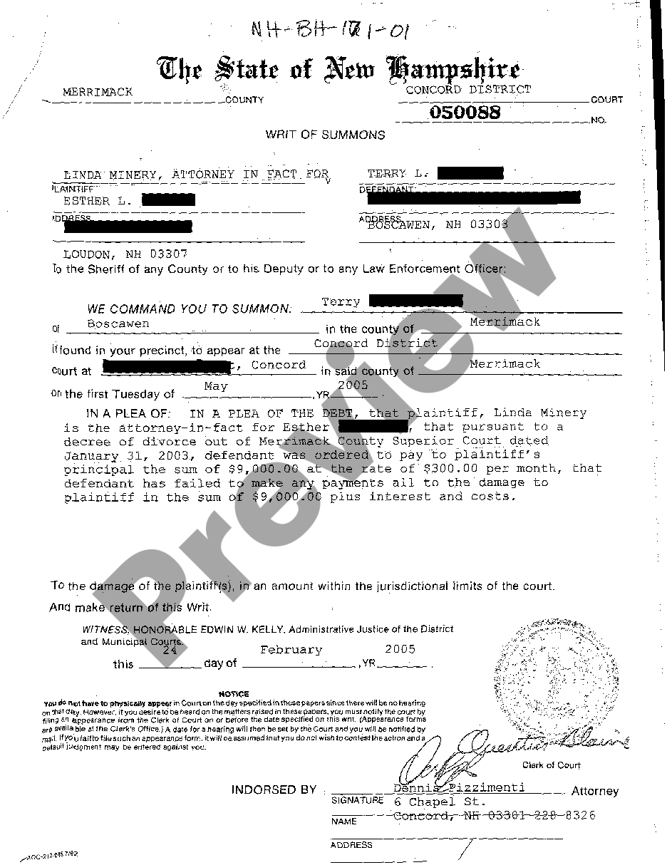 page 0 A01 Writ of Summons for Debt Collection Owed to Ex-Wife for Support preview