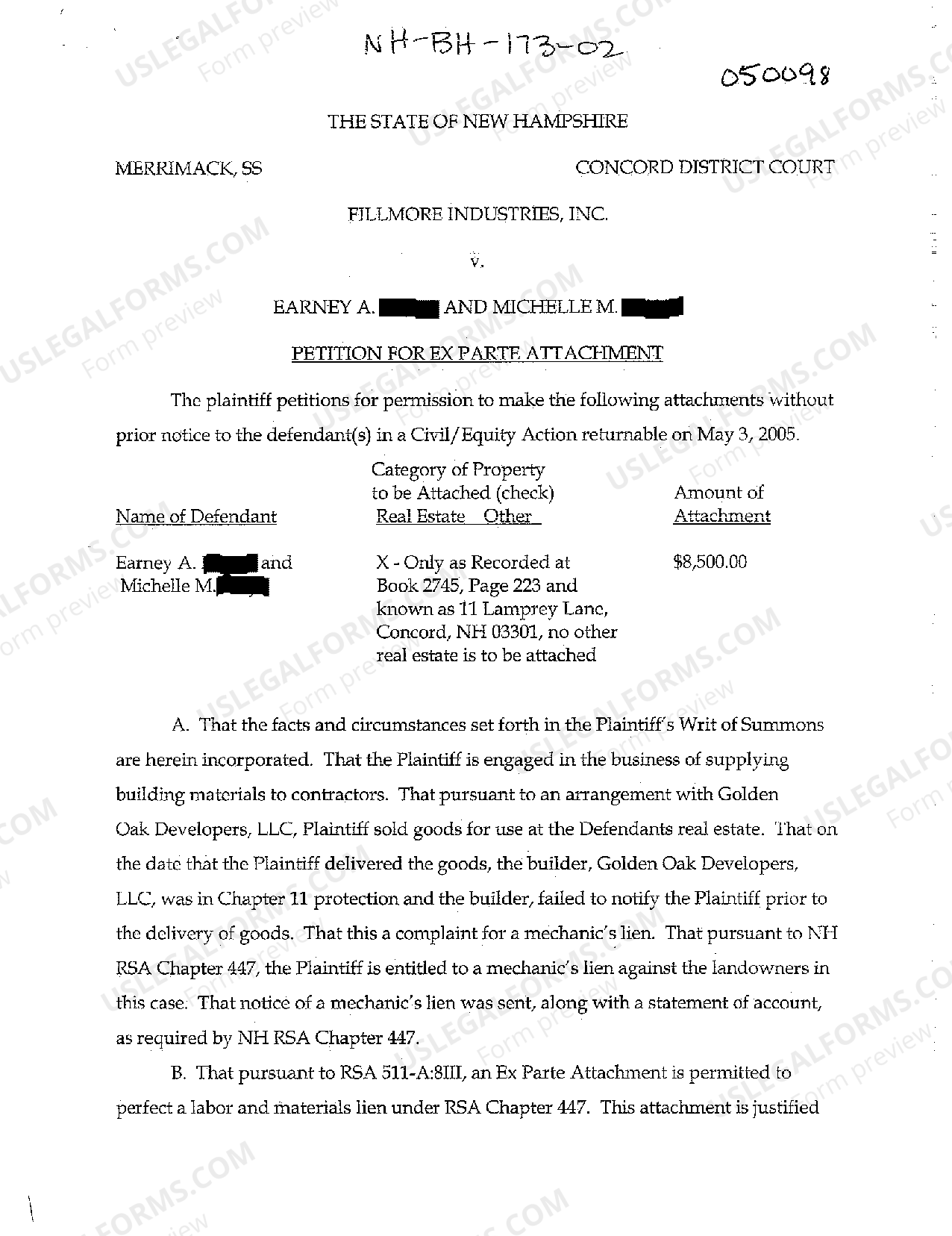 New Hampshire Petition for Ex Parte Attachment of Real Estate US Legal Forms