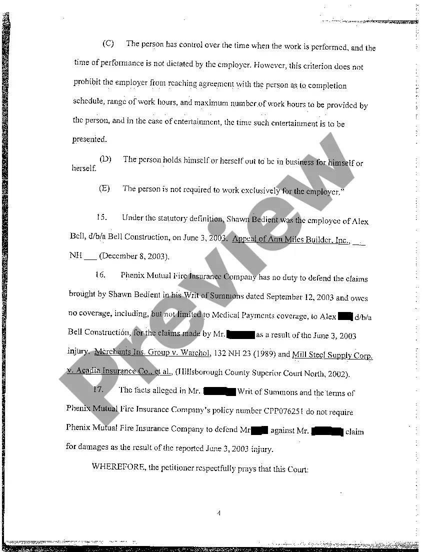 Preview A02 Petition by Insurance Company for Declaratory Judgment Seeking No Obligation to Defend Claim Against Insured