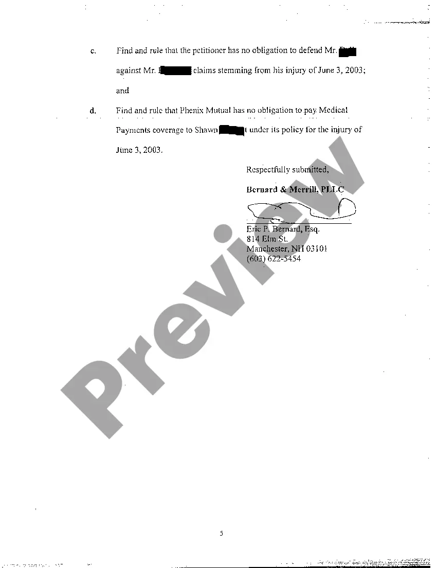 Preview A02 Petition by Insurance Company for Declaratory Judgment Seeking No Obligation to Defend Claim Against Insured