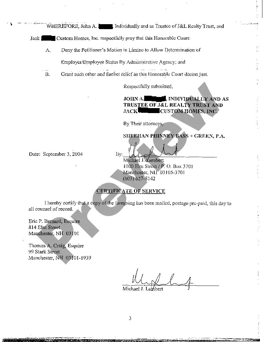 Preview A10 Intervener's Opposition to Plaintiff's Motion in Limine to Allow Determination of Employer Employee Status by Administrative Agency