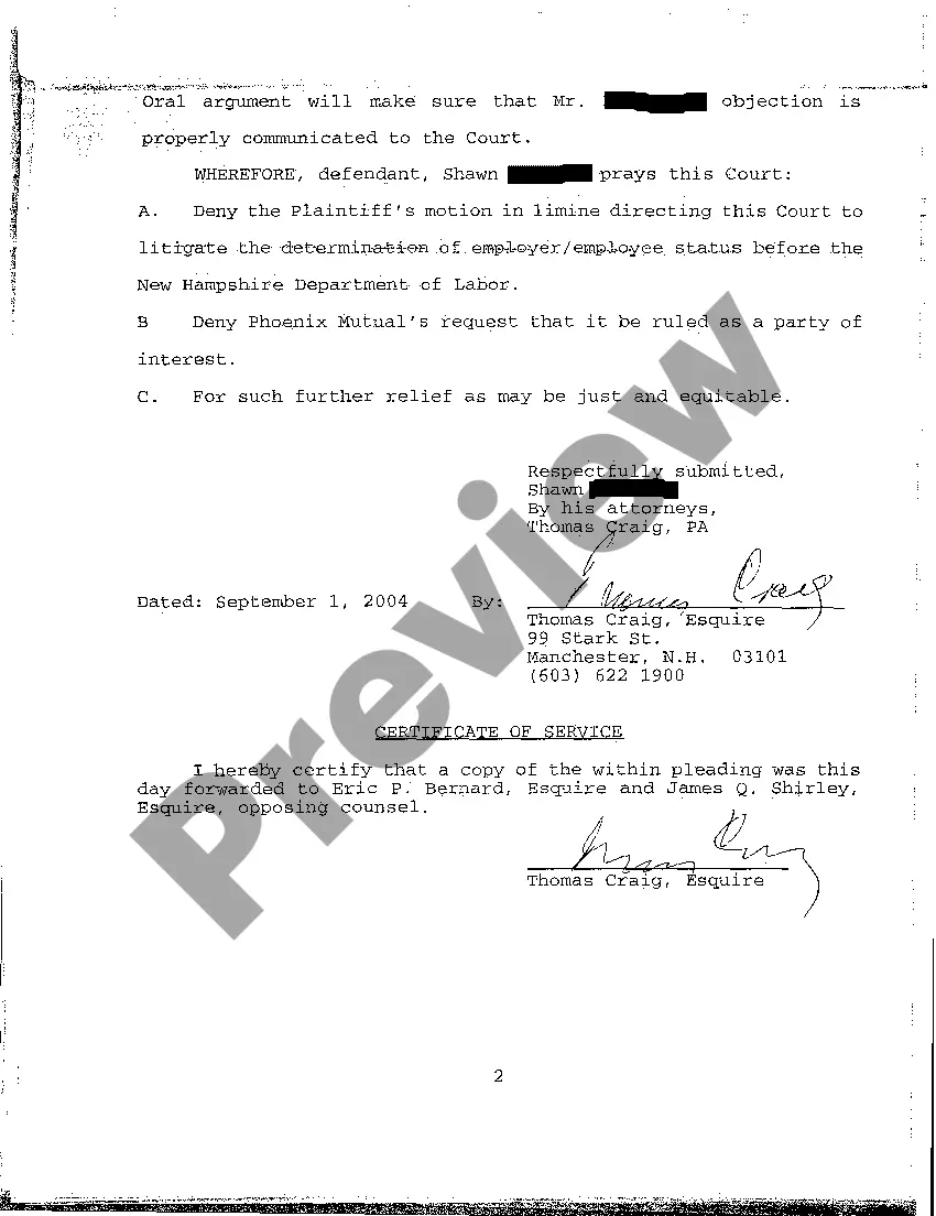 Preview A09 Defendant's Objection to Motion in Limine to Allow Determination of Employer Employee Status By Administrative Agency