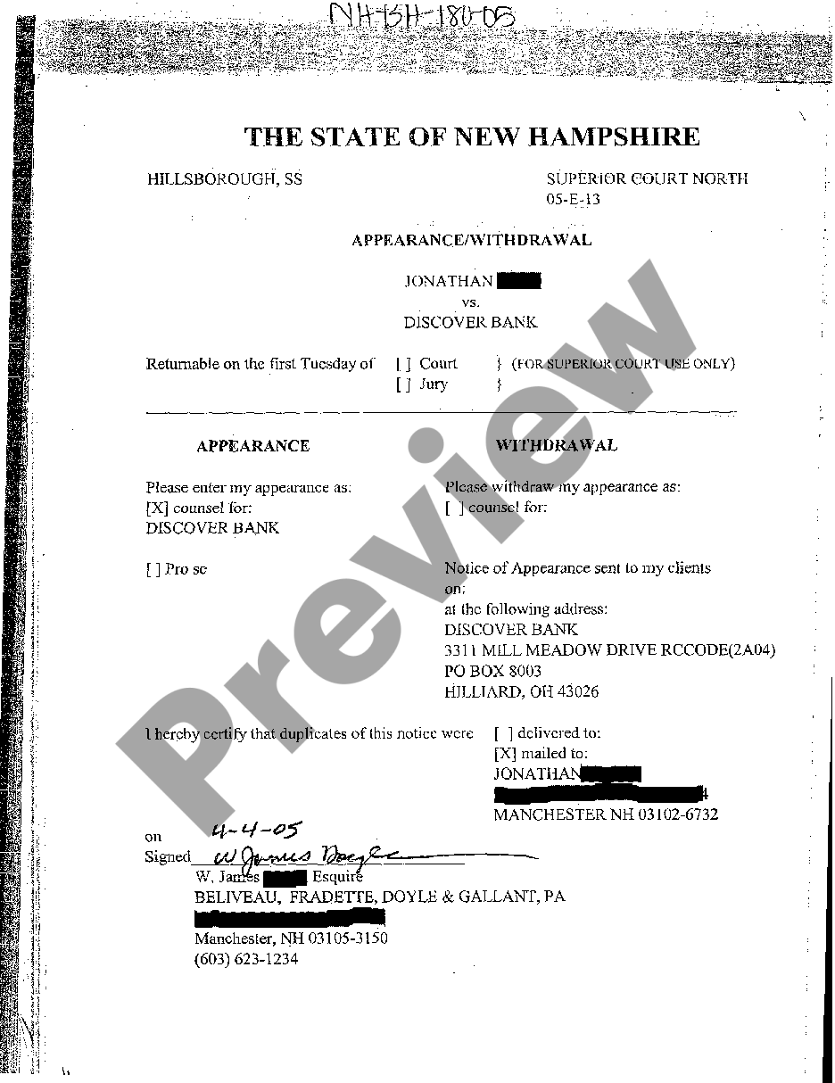 New Hampshire Appearance Withdrawal Of Counsel For Defendant Us Legal Forms 0154