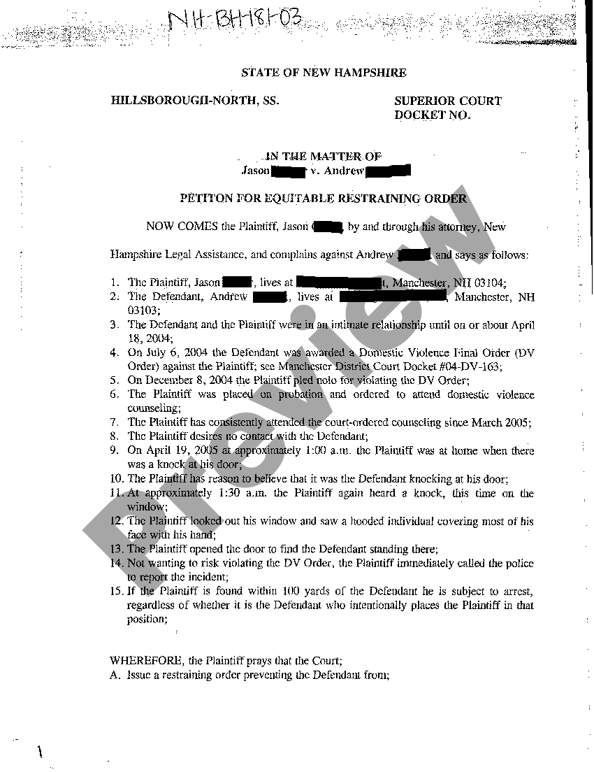 Manchester New Hampshire Petition for Equitable Restraining Order US