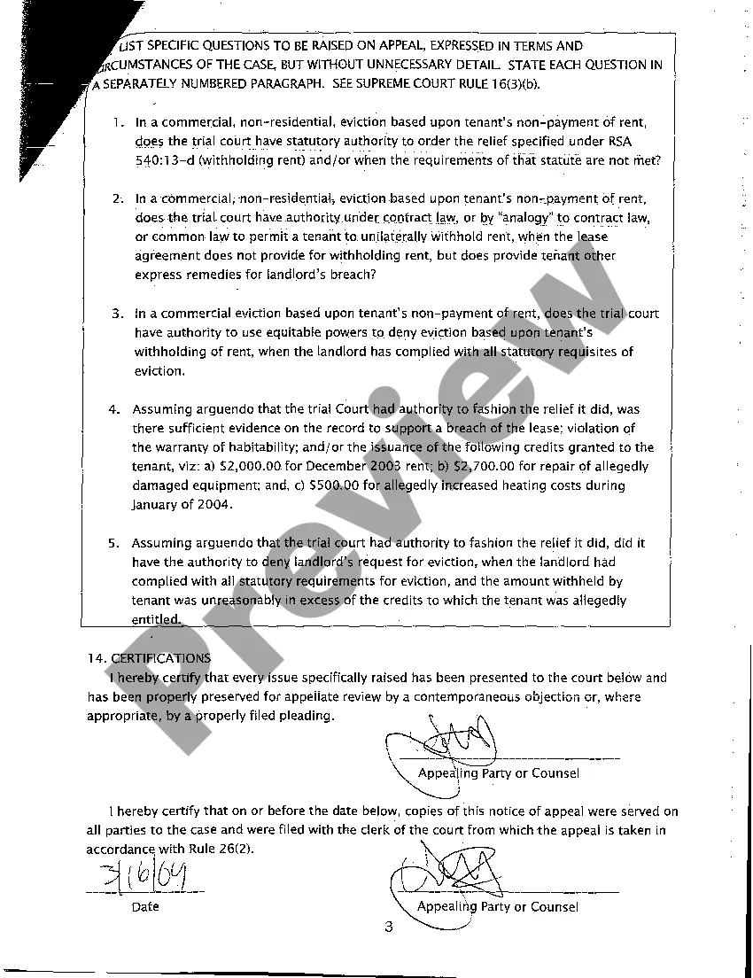 Preview A01 Argued Issues - Landlord Tenant Appeal of Unpaid Rent Decision - New Hampshire Supreme Court