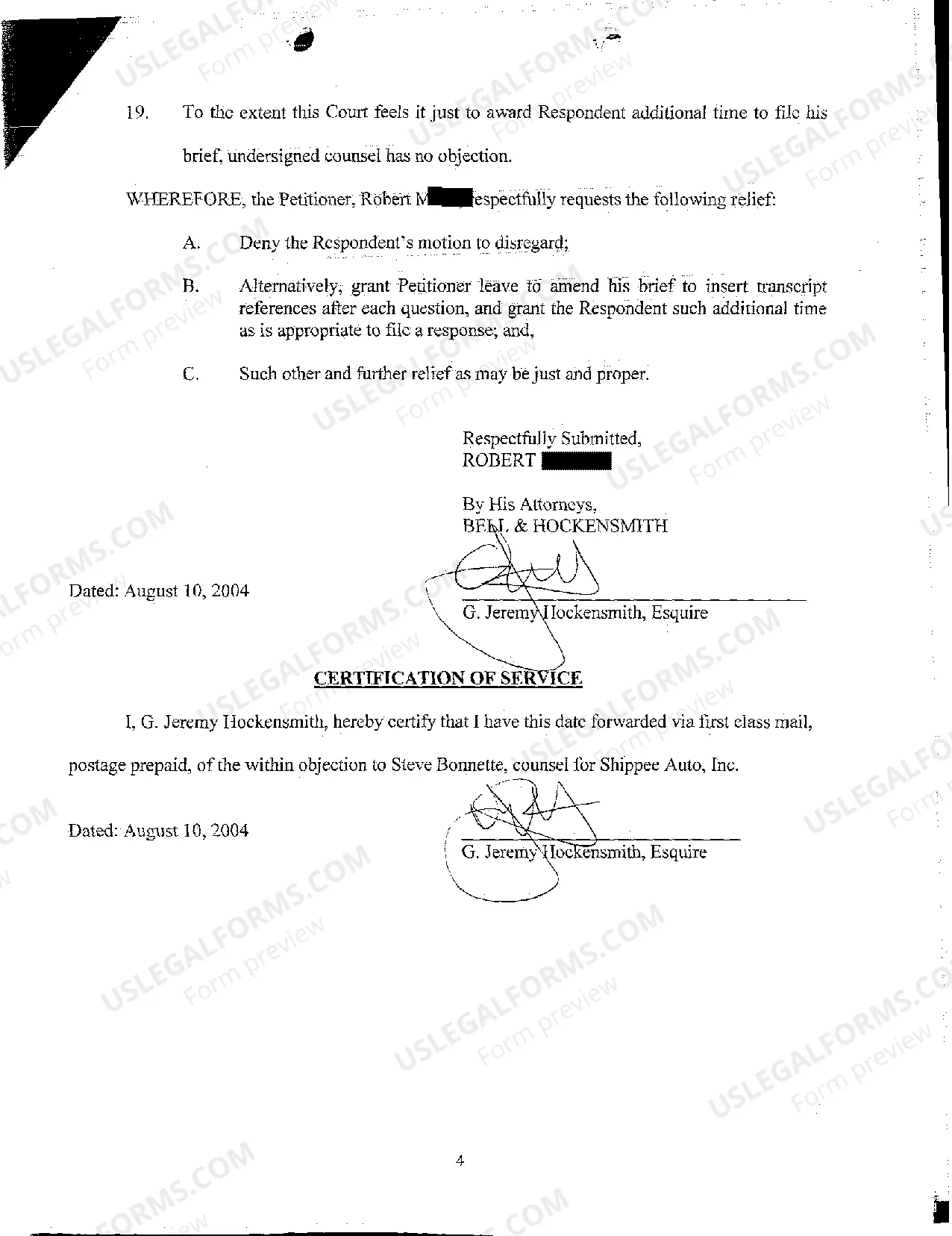 Preview A04 Objection to Respondent's Motion to Disregard the Petitioner's Brief