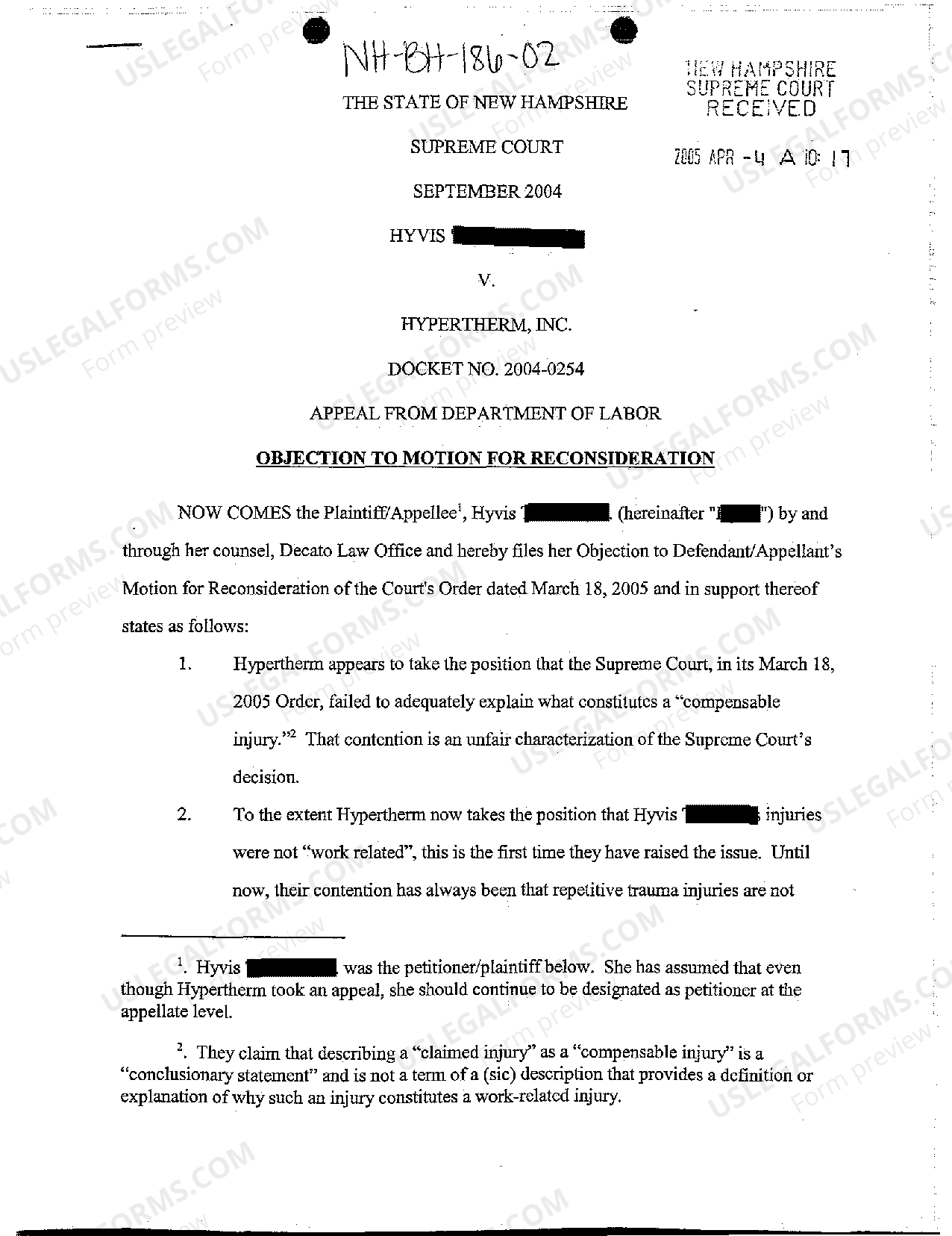 Manchester New Hampshire Objection to Motion for Reconsideration US