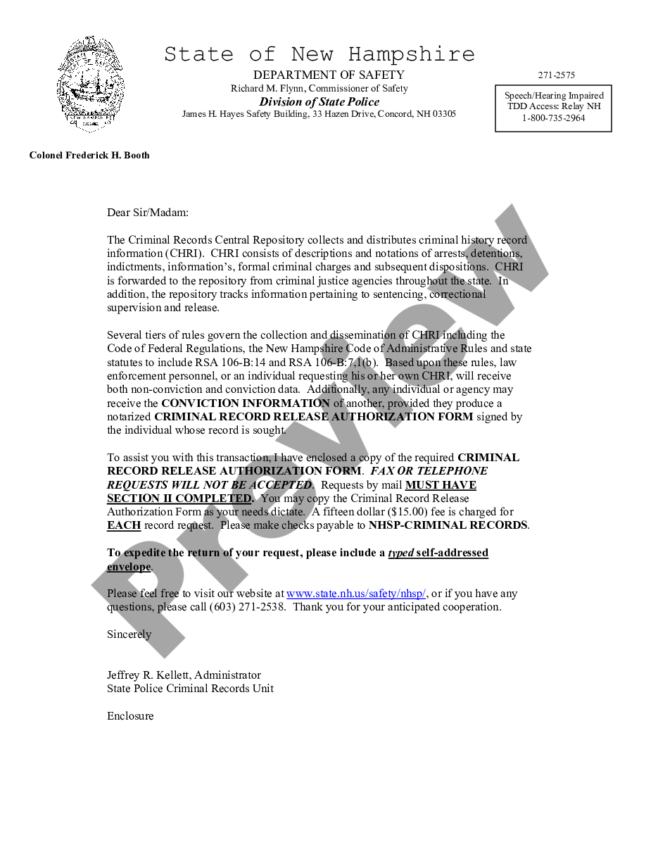 New Hampshire Criminal Record Release Authorization Form Nh Criminal Record Release Form Us 7054
