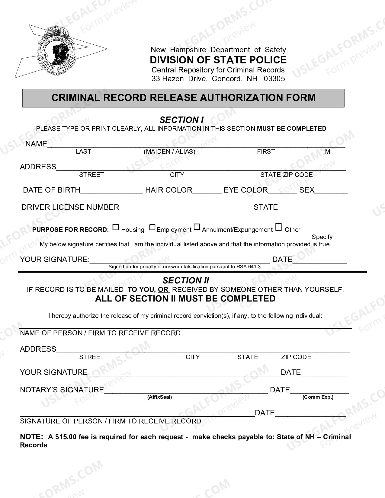 Preview Criminal Record Release Authorization Form