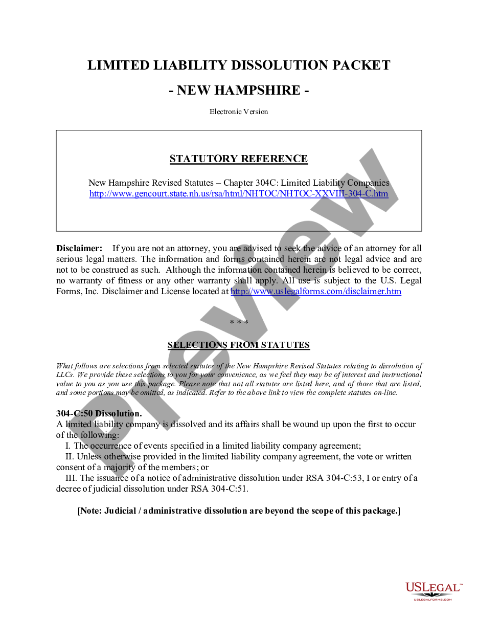 page 0 New Hampshire Dissolution Package to Dissolve Limited Liability Company LLC preview