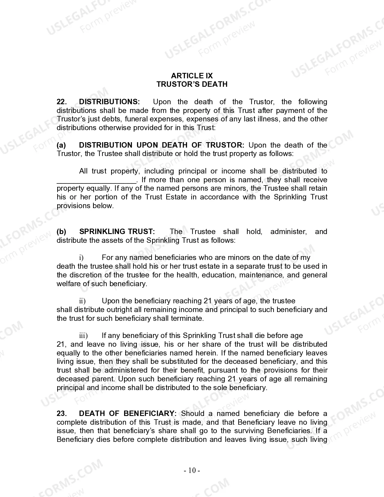Preview Living Trust for Individual Who is Single, Divorced or Widow (or Widower) with No Children