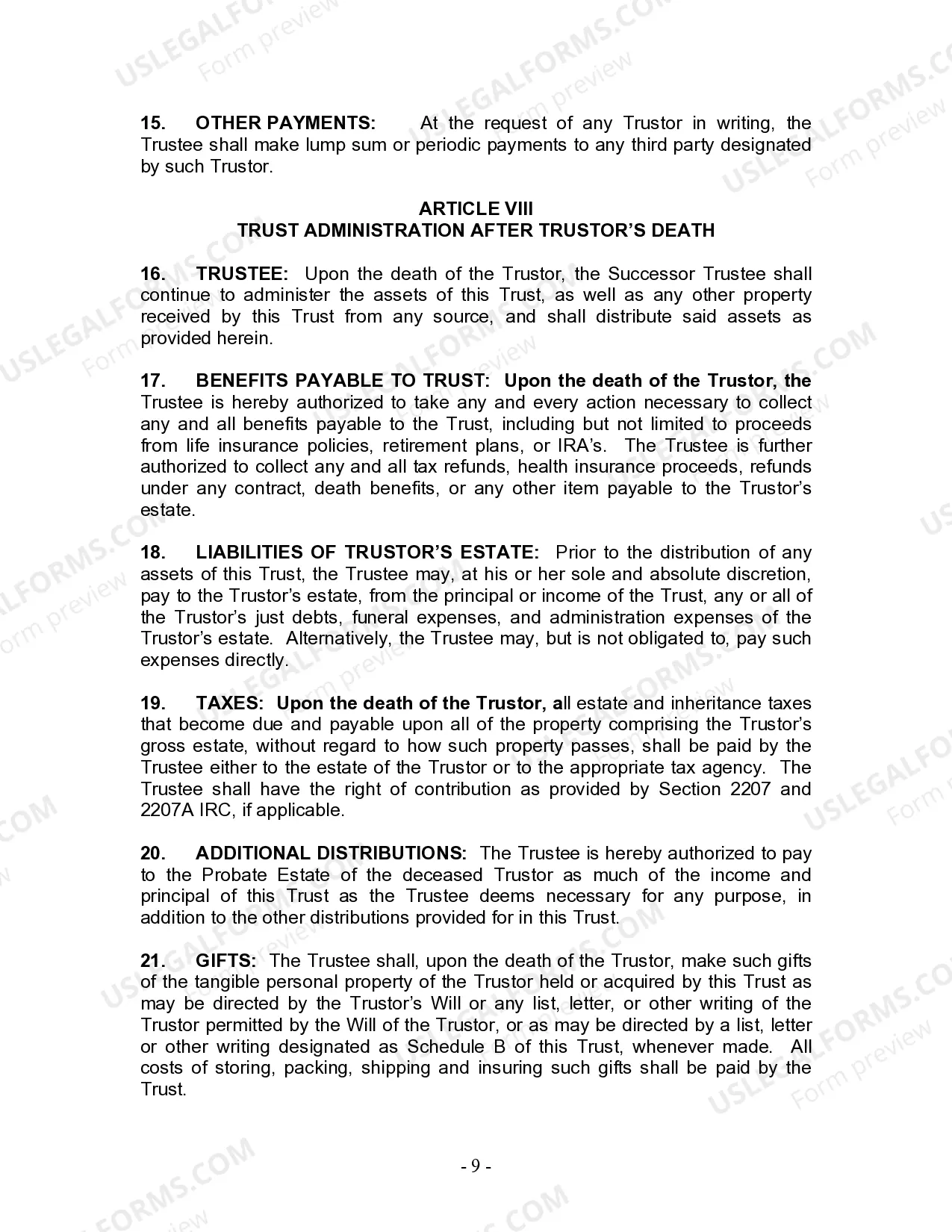 Preview Living Trust for Individual Who is Single, Divorced or Widow (or Widower) with No Children