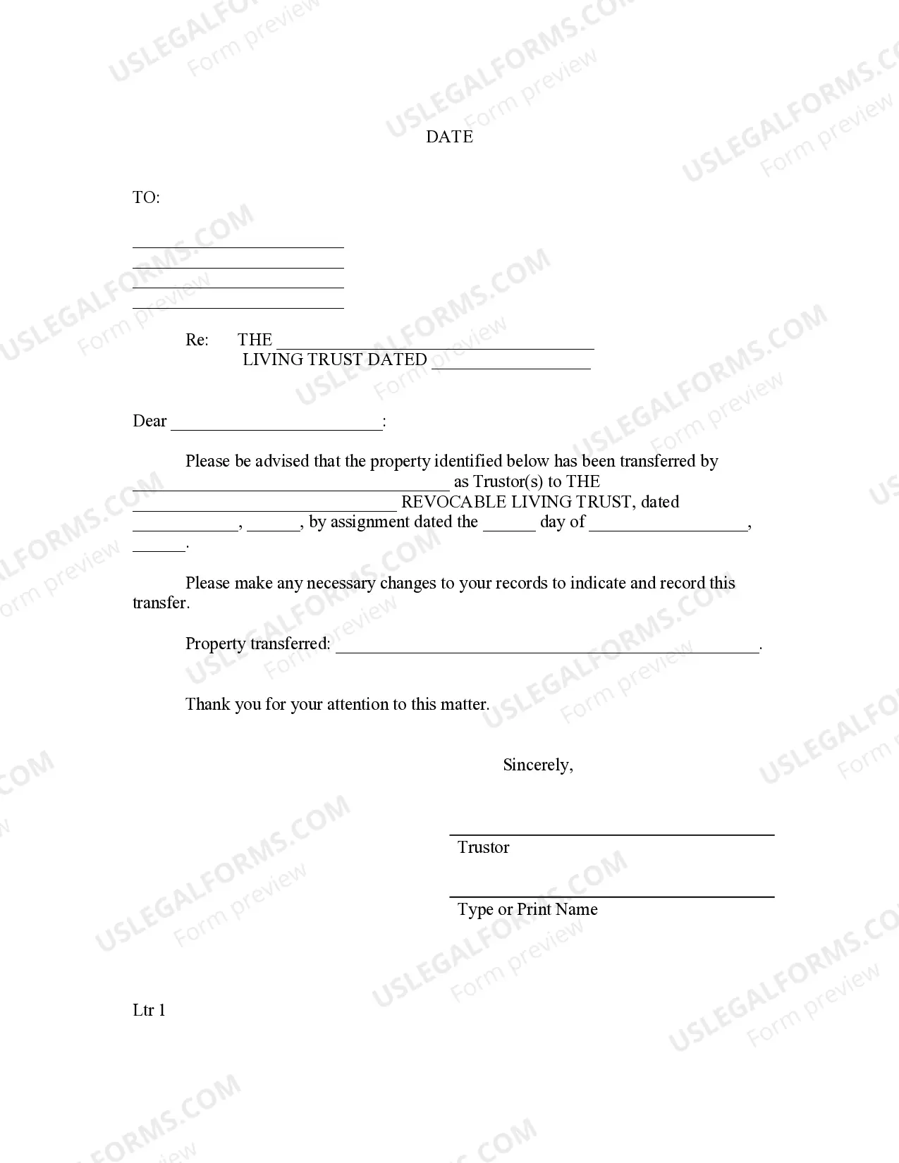 Preview Letter to Lienholder to Notify of Trust