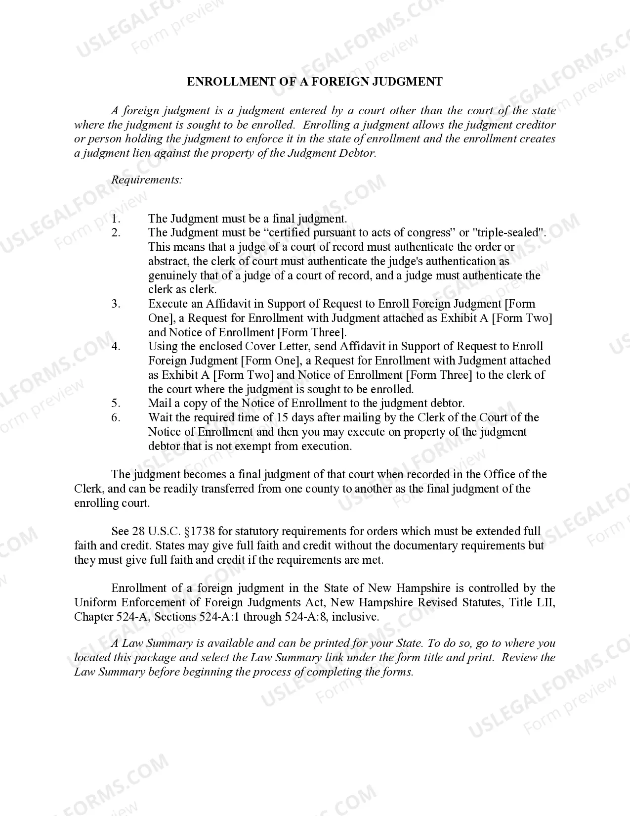 Preview New Hampshire Foreign Judgment Enrollment
