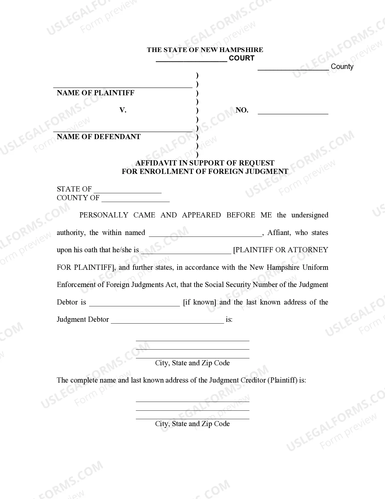 Preview New Hampshire Foreign Judgment Enrollment