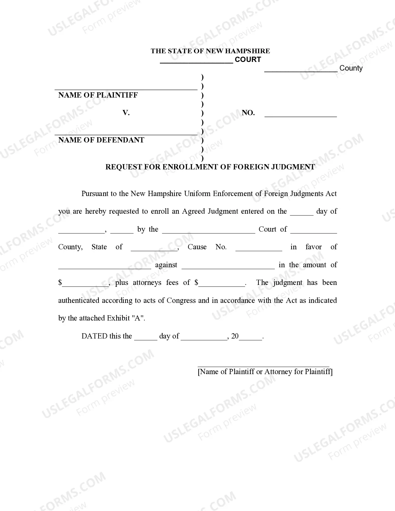 Preview New Hampshire Foreign Judgment Enrollment