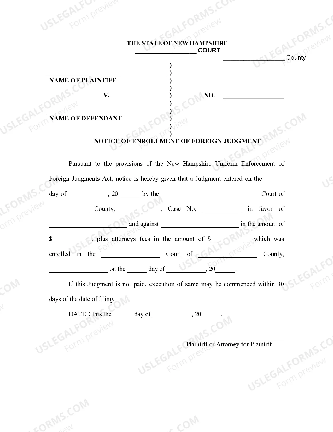 Preview New Hampshire Foreign Judgment Enrollment