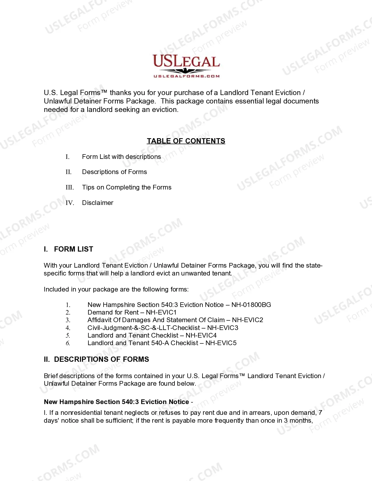 Preview New Hampshire Landlord Tenant Eviction / Unlawful Detainer Forms Package