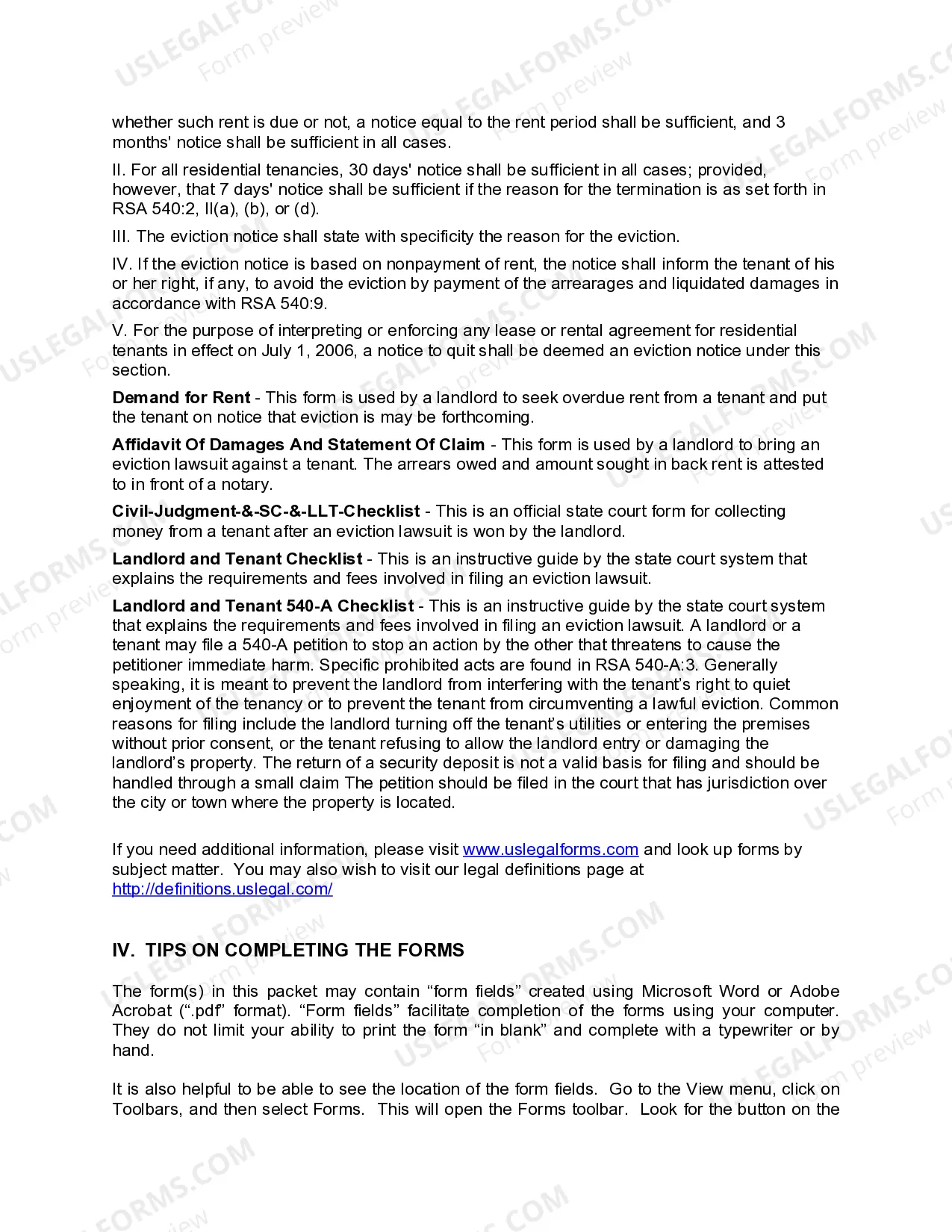 Preview New Hampshire Landlord Tenant Eviction / Unlawful Detainer Forms Package