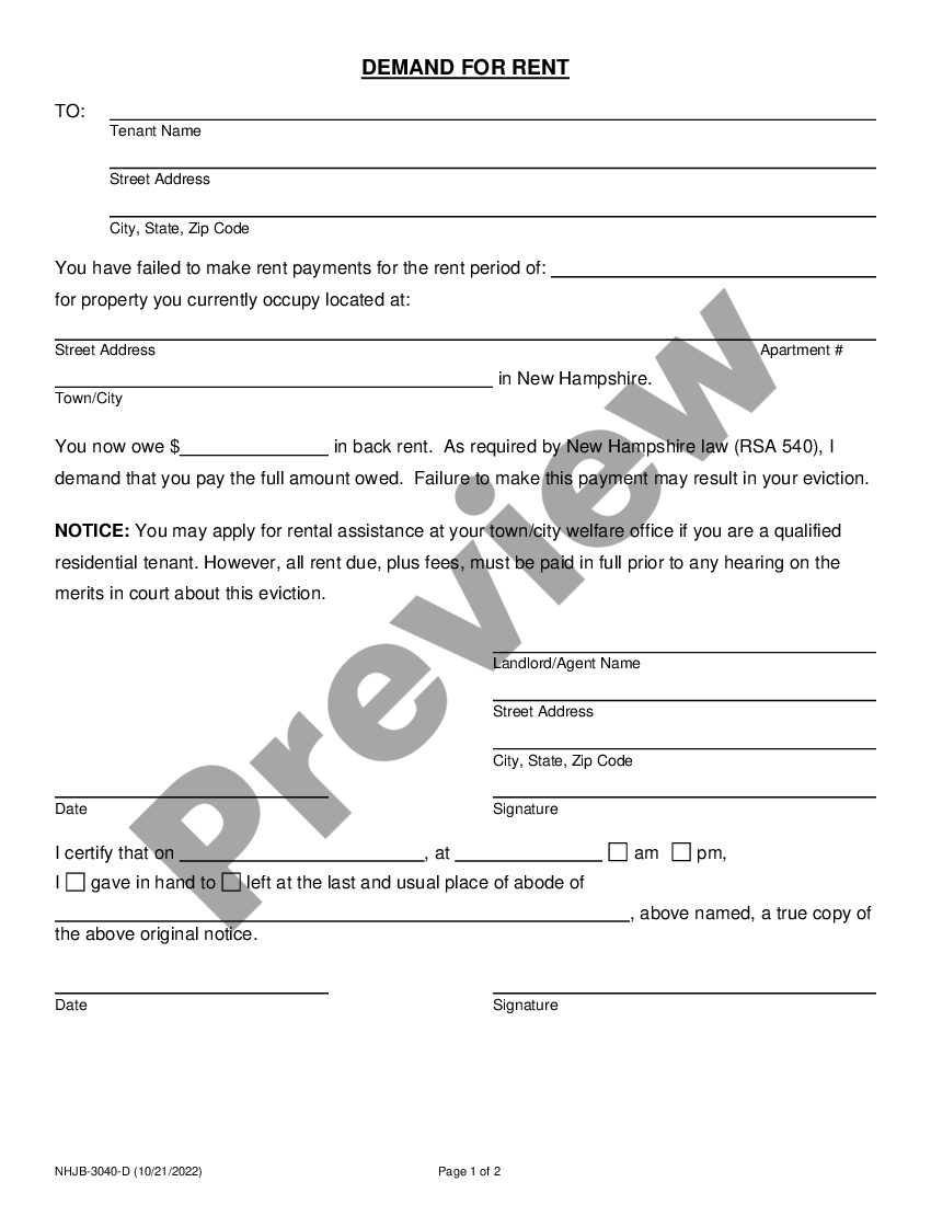 New Hampshire Demand for Rent Demand For Rent Nh US Legal Forms