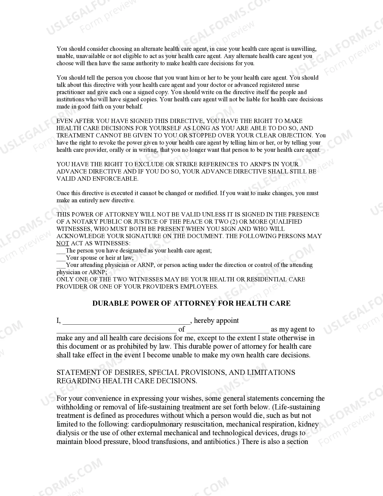 Preview Durable Power of Attorney Health Care