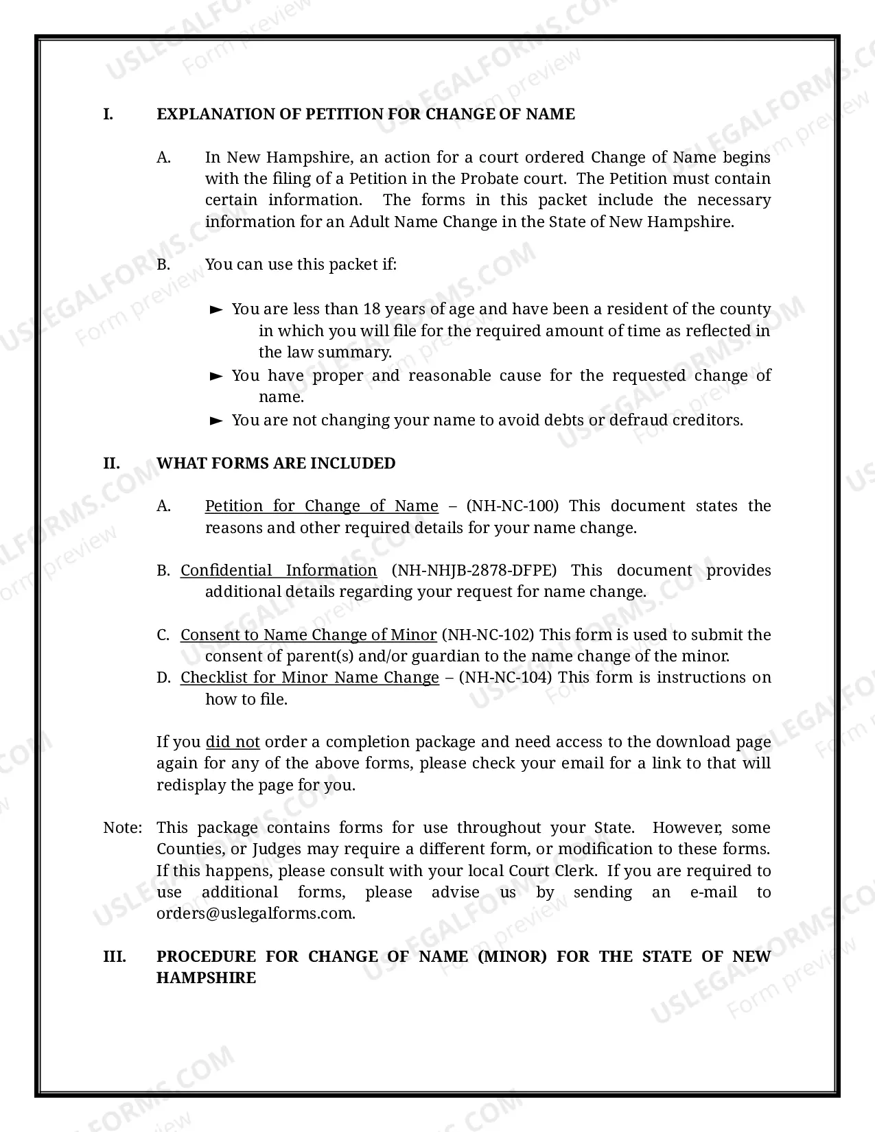 Preview New Hampshire Name Change Instructions and Forms Package for a Minor