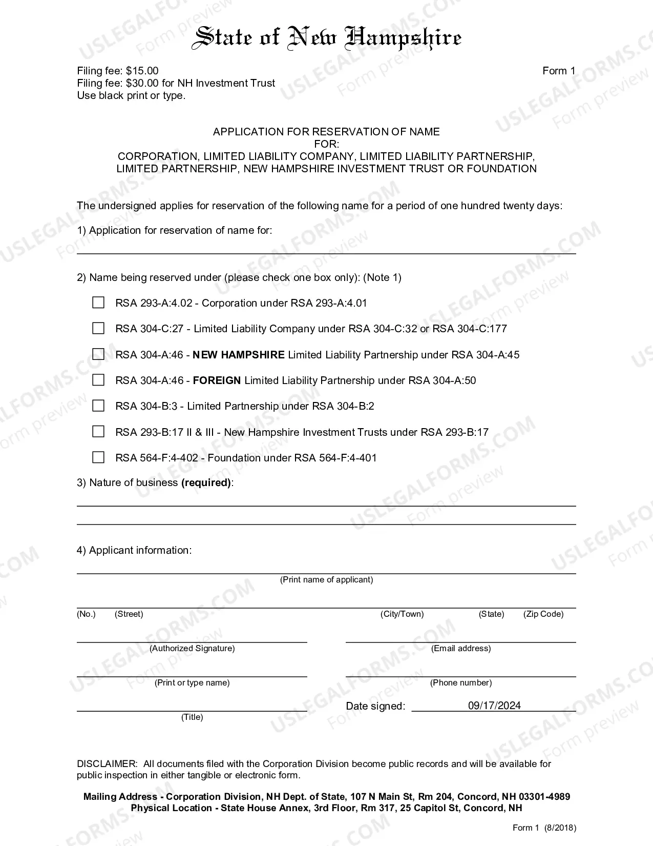 Preview Application of Name Reservation