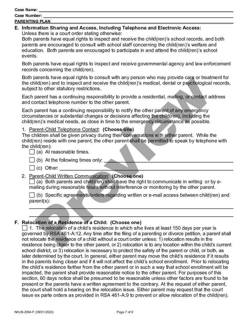 New Hampshire Parenting Plan Nh Parenting Plan US Legal Forms