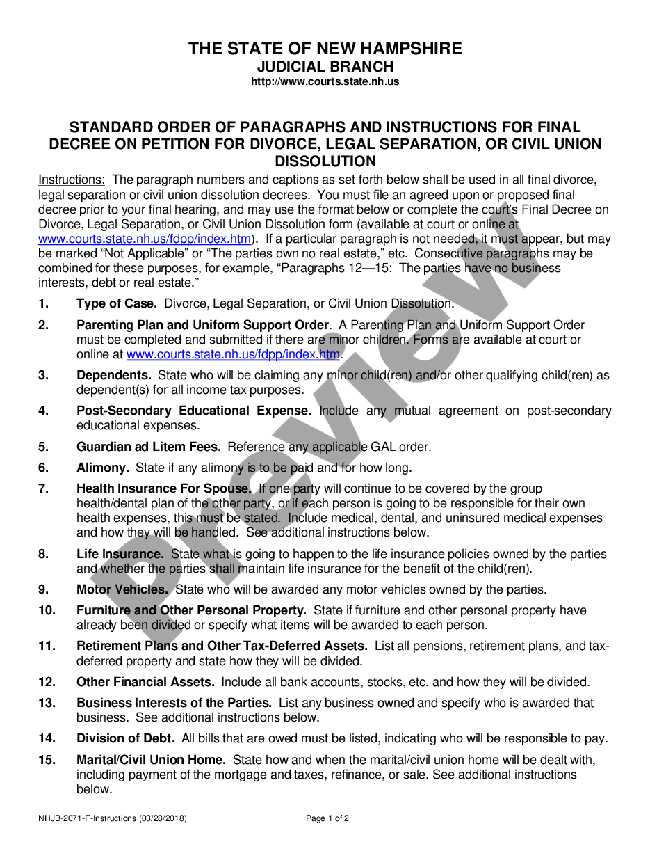 page 0 Final Decree on Divorce or Legal Separation Instructions preview