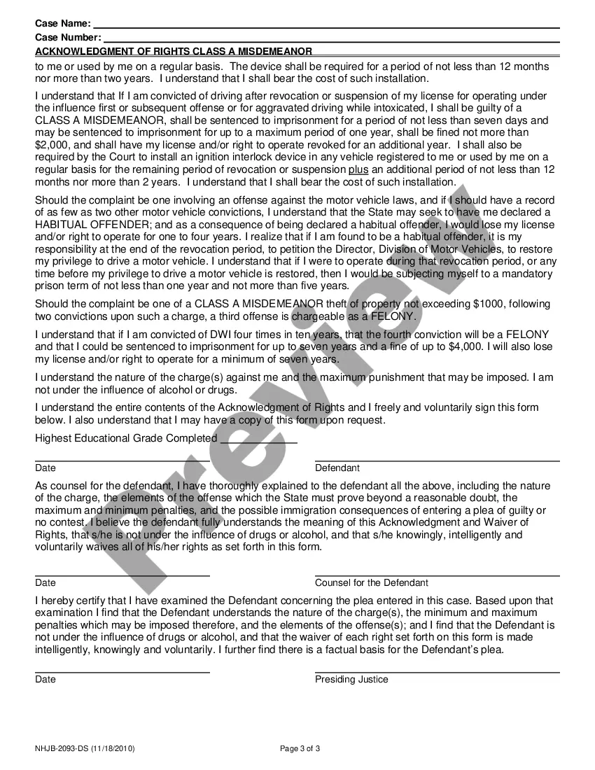 Preview Acknowledgment of Rights Class A Misdemeanors
