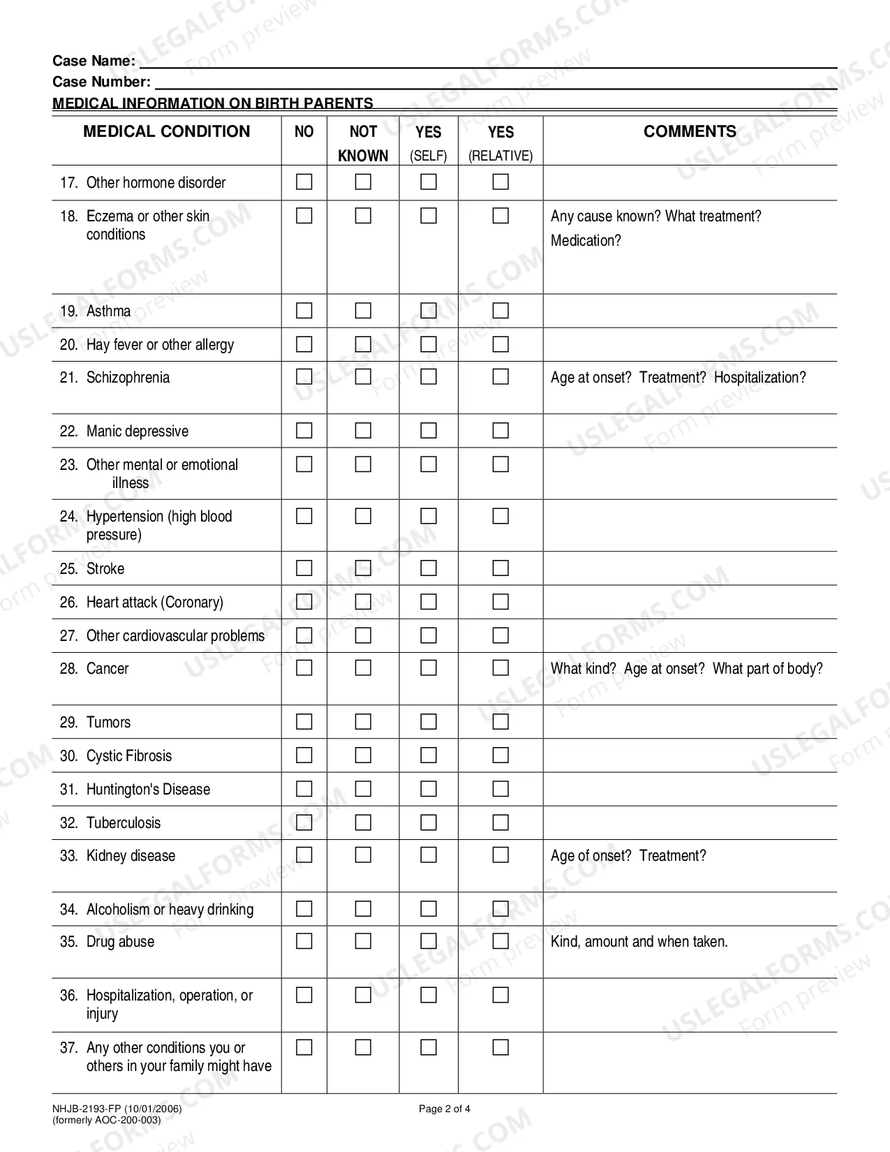 Preview Medical Information on Birth Parents