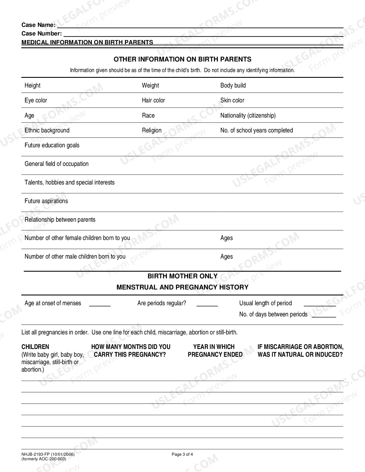 Preview Medical Information on Birth Parents