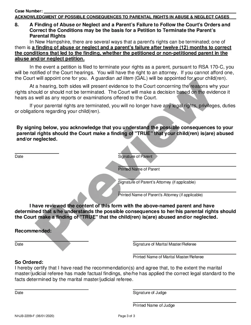 Preview Acknowledgment of Possible Consequences to Parental Rights in Abuse and Neglect Cases