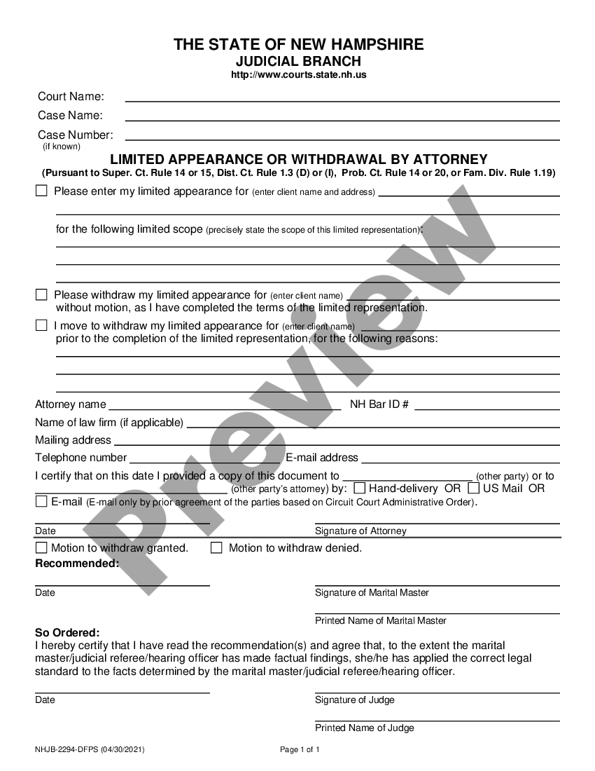 New Hampshire Limited Appearance Or Withdrawal By Attorney Us Legal Forms 7347