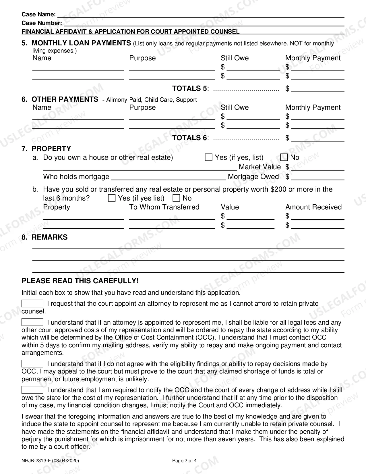 Preview Financial Affidavit and Application for Court Appointed Counsel