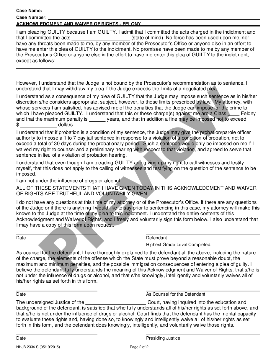 form Acknowledgment and Waiver of Rights Felony preview