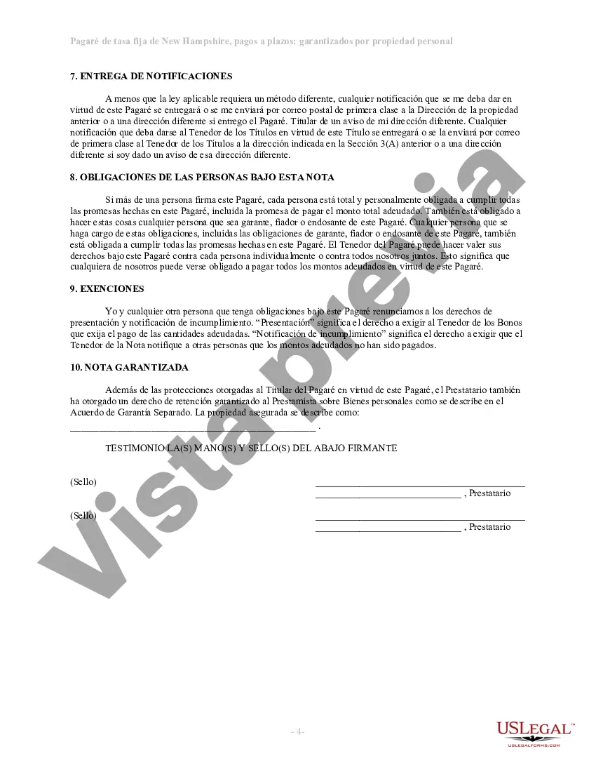 Preview Pagaré de tasa fija a plazos de New Hampshire garantizado por propiedad personal