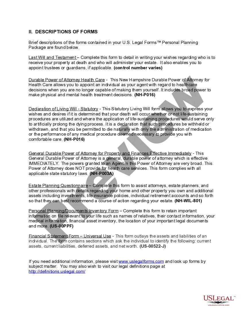 Preview New Hampshire Life Documents Planning Package, including Will, Power of Attorney and Living Will