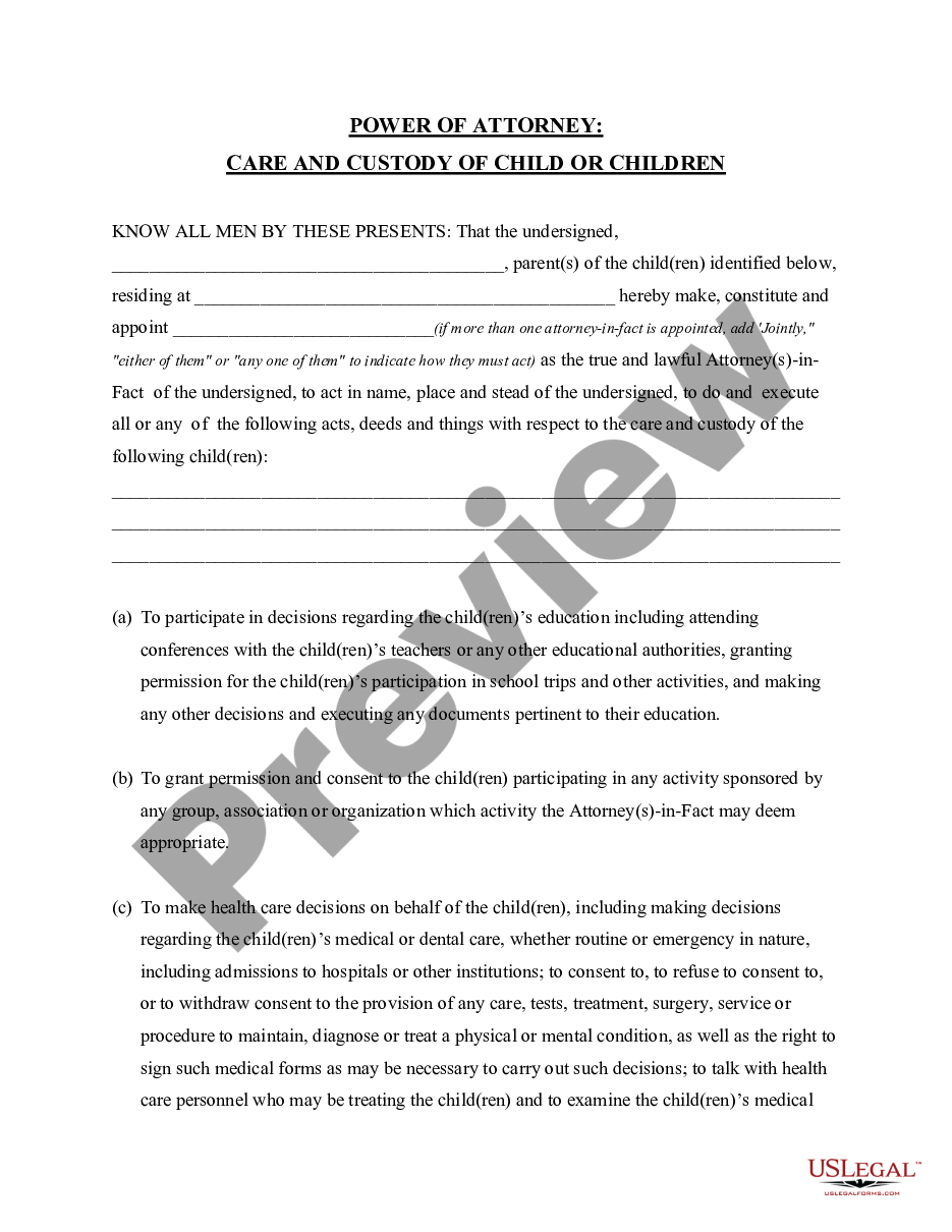 page 0 Power of Attorney for Care and Custody of Child or Children preview