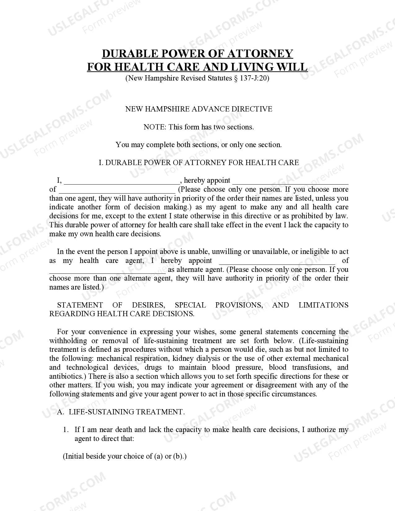 Preview Durable Power of Attorney for Health Care and Living Will - Statutory