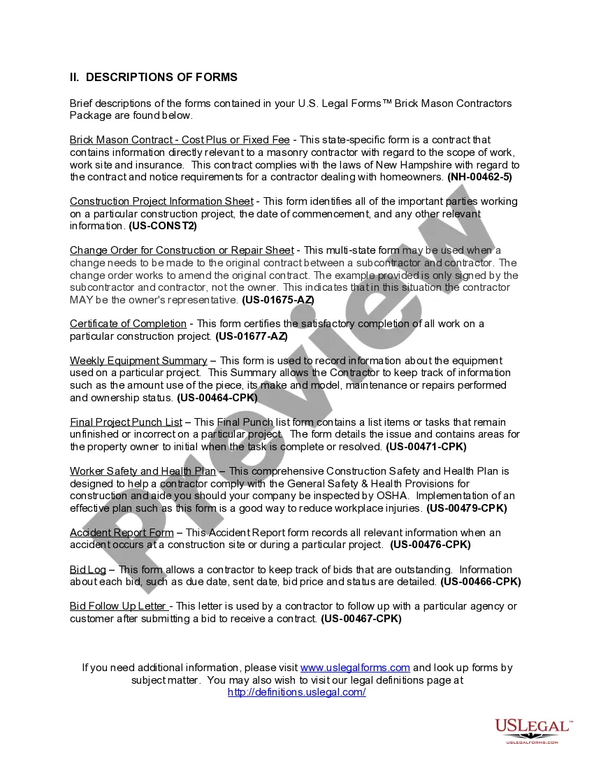 Preview New Hampshire Brick Mason Contractor Package