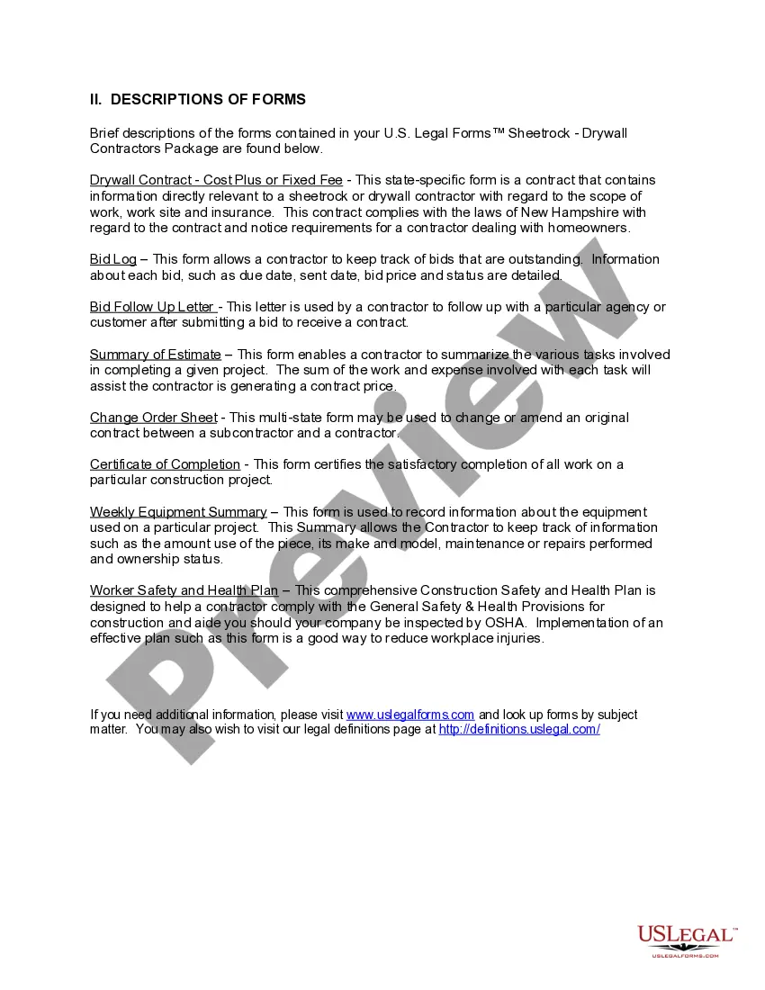 Preview New Hampshire Sheetrock Drywall Contractor Package