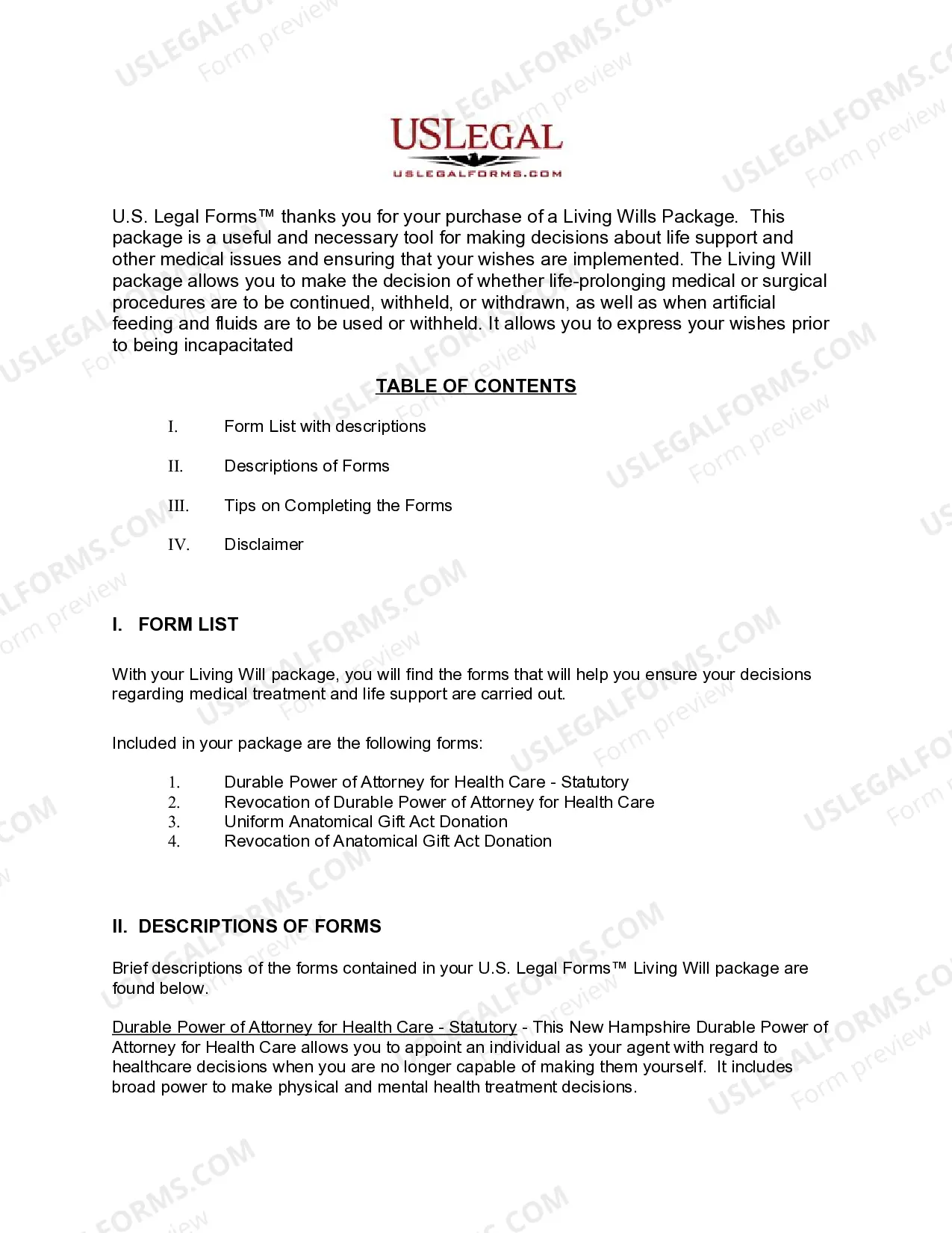 Preview New Hampshire Living Wills and Health Care Package