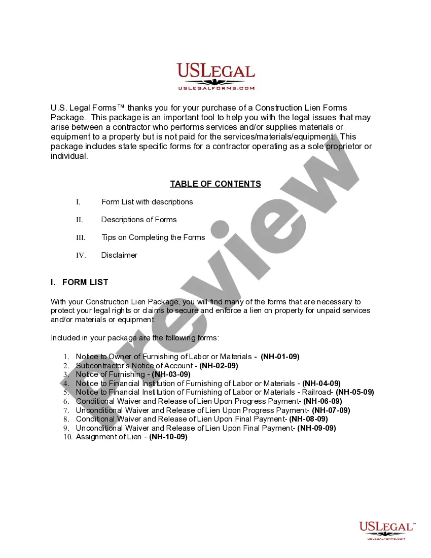 Preview New Hampshire Construction or Mechanics Lien Package - Individual