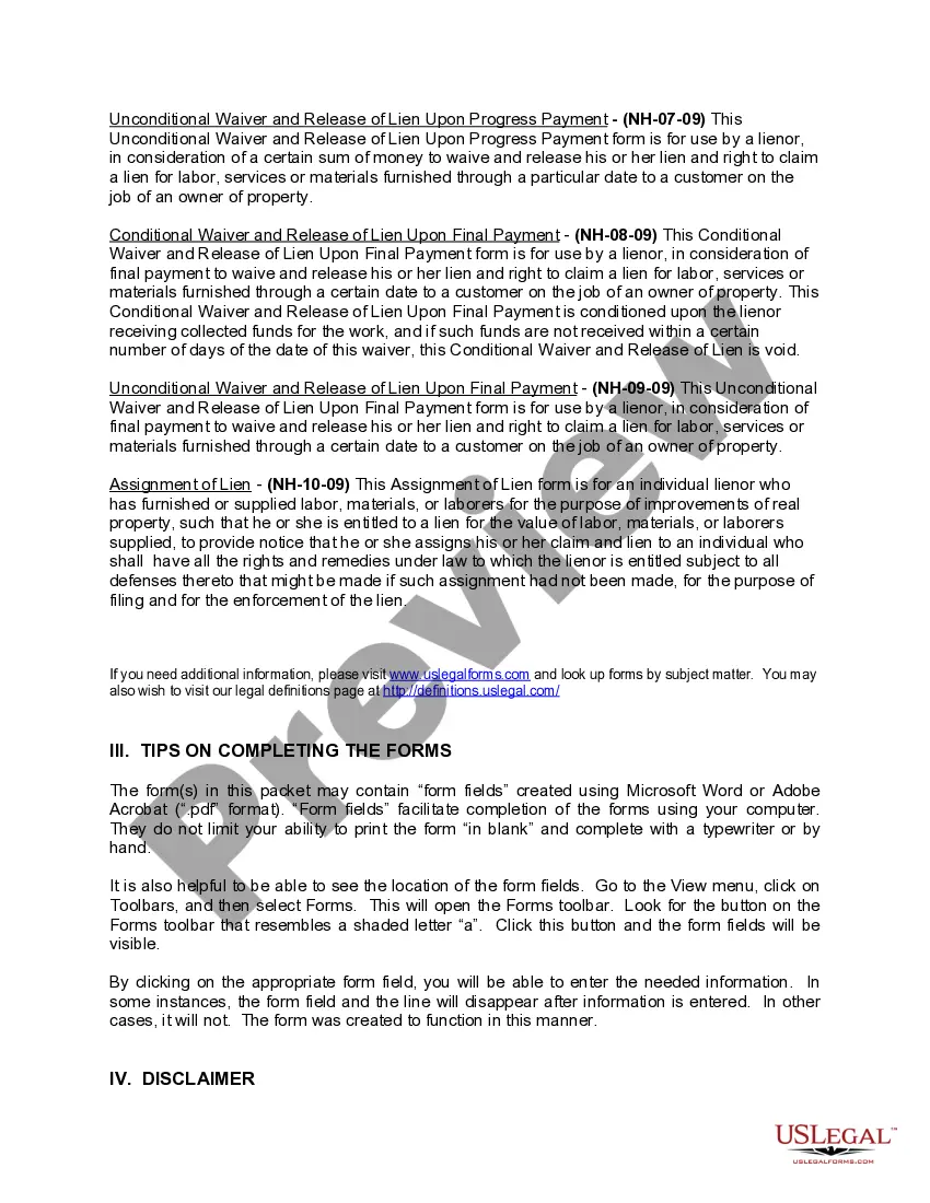 Preview New Hampshire Construction or Mechanics Lien Package - Individual