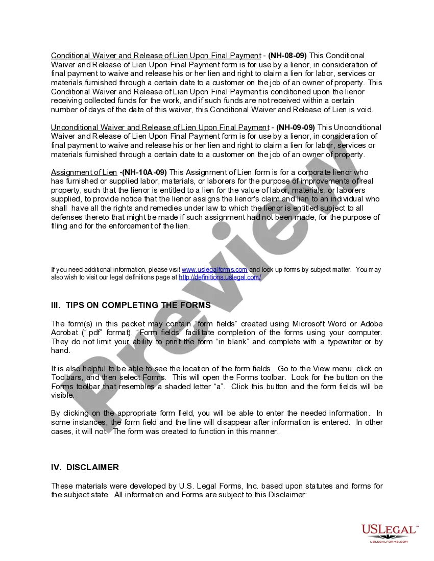 Preview New Hampshire Construction or Mechanics Lien Package - Corporation or LLC